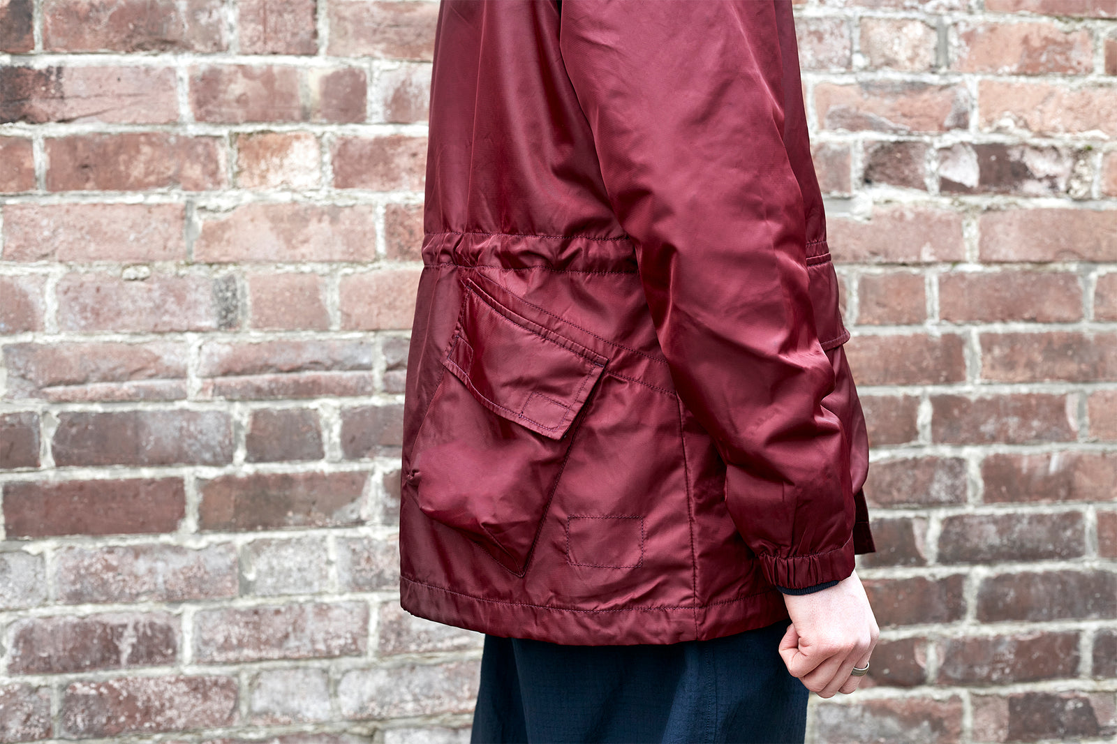 Spring Coat, Nottingham, Menswear, Raison,  Universal Works NS Short Parka in Raisin Flight Nylon , Man, Brick Wall, universal works, journal