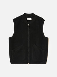 Black Wool Fleece Zip Waistcoat laid flat on a light grey studio backdrop. Features a V-neckline, full front zip closure, two lower patch pockets, and tonal binding along the neck, armholes, and hem. No model or mannequin present.
