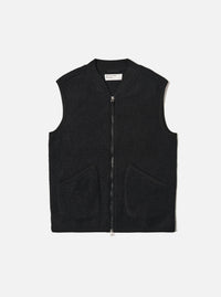 Studio shot of a Black Wool Fleece Zip Waistcoat. The sleeveless jacket is zipped up and laid flat on a white background. The waistcoat has two pockets.