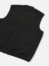 Front view of the Universal Works Black Wool Fleece Zip Waistcoat displayed on a plain white background. The fleece texture, two-way front zipper, ribbed neckline, and two angled lower patch pockets are prominently featured.