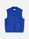Front product view of the Universal Works Blue Wool Fleece Zip Waistcoat set against a plain white background. The design features a silver two-way front zipper, ribbed collar, jersey binding, and two lower angled patch pockets.