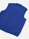 Front view of the Universal Works Blue Wool Fleece Zip Waistcoat displayed on a plain white background. Prominent features include a silver two-way zipper, ribbed neck collar, and two angled front patch pockets.