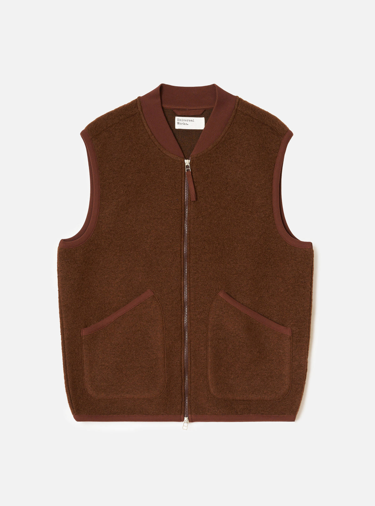 Front view of the Cacao Wool Fleece Zip Waistcoat displayed flat against a plain white background. The brown textured wool fleece fabric, full front zipper, V-neckline, and two lower welt pockets are clearly visible.