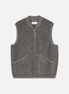 Front view of the Grey Marl Wool Fleece Zip Waistcoat displayed flat against a plain white background. The grey marl wool fleece fabric, full front zipper, V-neckline, and two lower patch pockets are clearly visible.
