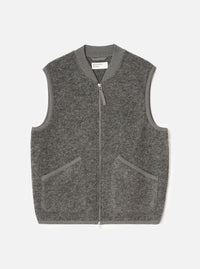 Front view of the Grey Marl Wool Fleece Zip Waistcoat displayed flat against a plain white background. The grey marl wool fleece fabric, full front zipper, V-neckline, and two lower patch pockets are clearly visible.
