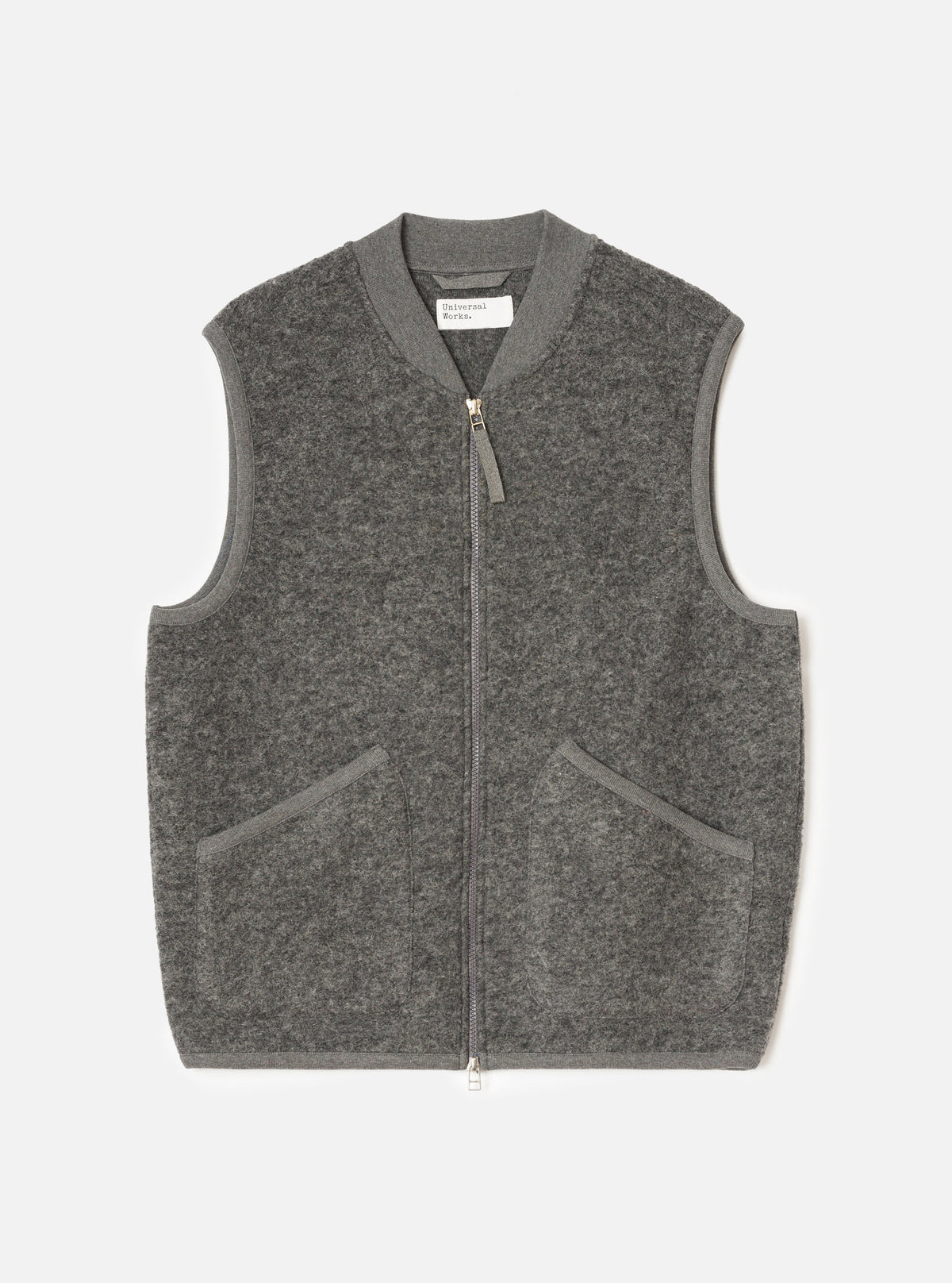 Front view of the Grey Marl Wool Fleece Zip Waistcoat displayed flat against a plain white background. The grey marl wool fleece fabric, full front zipper, V-neckline, and two lower patch pockets are clearly visible.
