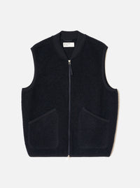 Front view of the Navy Wool Fleece Zip Waistcoat displayed flat against a plain white background. The dark navy wool fleece fabric, full front zipper, V-neckline, and two lower patch pockets are clearly visible.