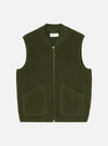 Front view of the Olive Wool Fleece Zip Waistcoat displayed flat against a plain white background. The olive green wool fleece fabric, full front zipper, V-neckline, and two lower patch pockets are clearly visible.
