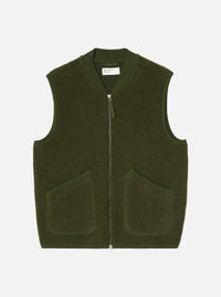 Front view of the Olive Wool Fleece Zip Waistcoat displayed flat against a plain white background. The olive green wool fleece fabric, full front zipper, V-neckline, and two lower patch pockets are clearly visible.