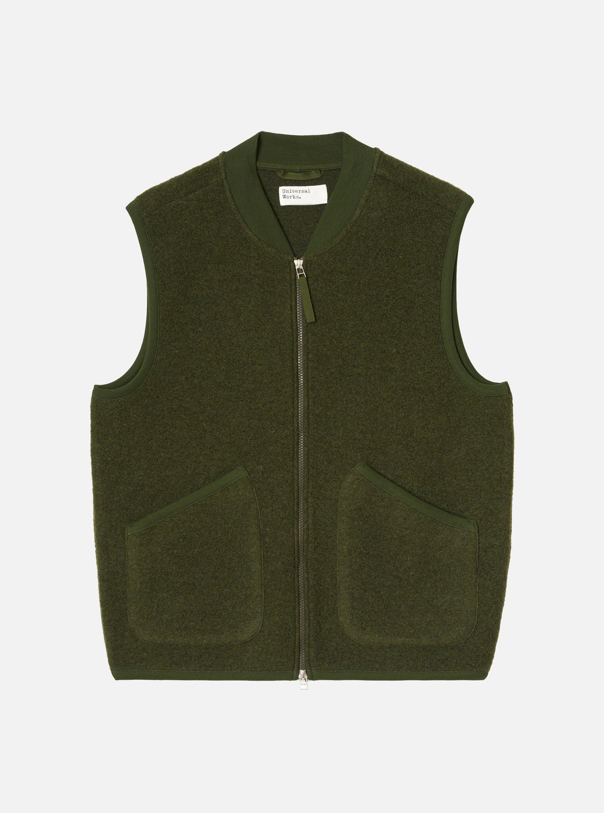 Front view of the Olive Wool Fleece Zip Waistcoat displayed flat against a plain white background. The olive green wool fleece fabric, full front zipper, V-neckline, and two lower patch pockets are clearly visible.