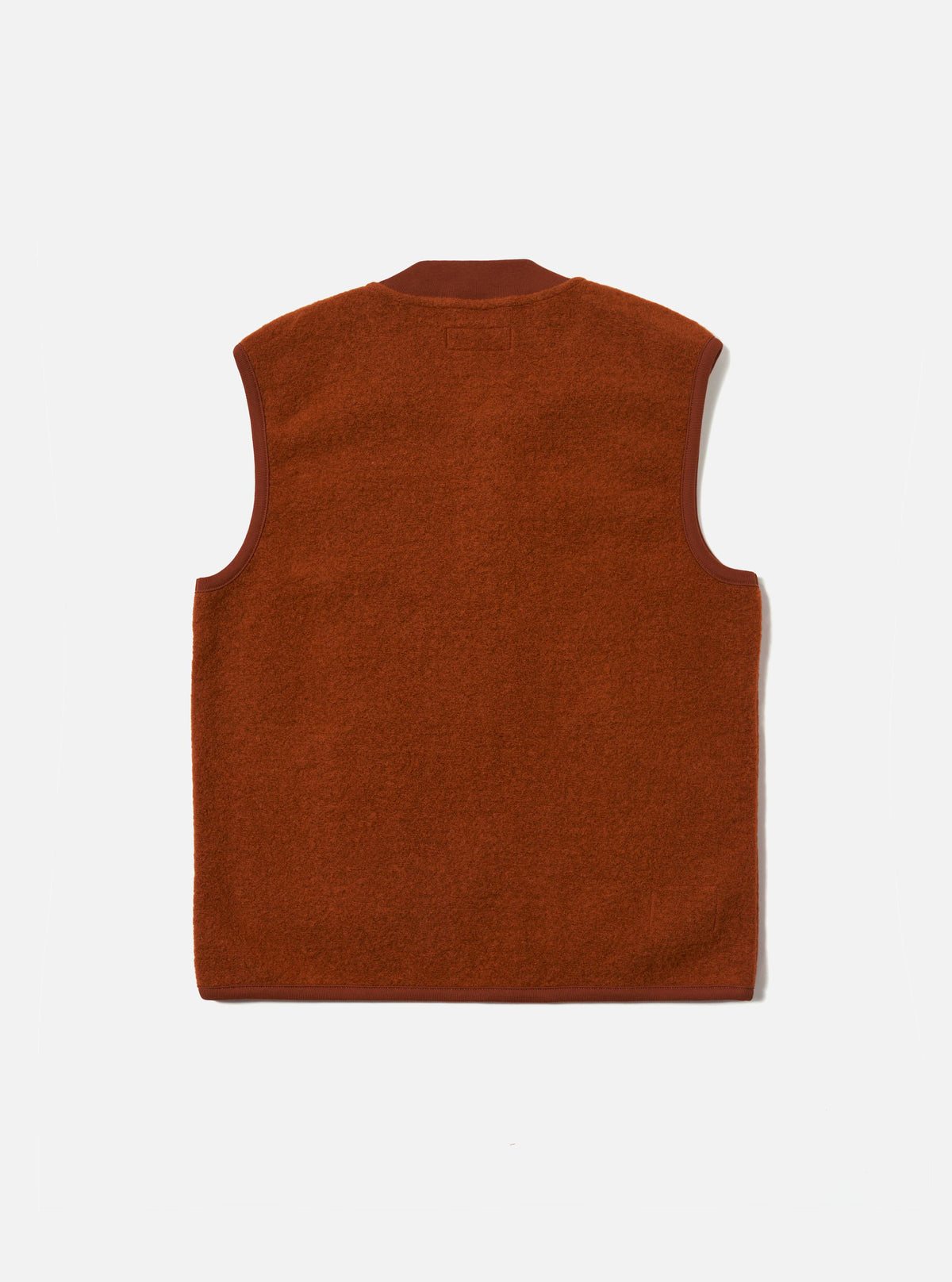 The back of a Rust Wool Fleece Zip Waistcoat in rust color, laid flat on a white background. The vest has a zip front and a fleece texture.