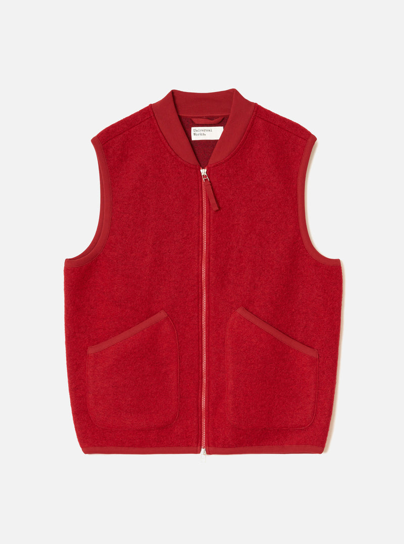 Front view of the Scarlet Wool Fleece Zip Waistcoat displayed flat against a plain white background. The bright red textured wool fleece, full front zipper, V-neckline, and two patch pockets are clearly shown.