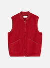 Front view of the Scarlet Wool Fleece Zip Waistcoat displayed flat against a plain white background. The bright red textured wool fleece, full front zipper, V-neckline, and two patch pockets are clearly shown.