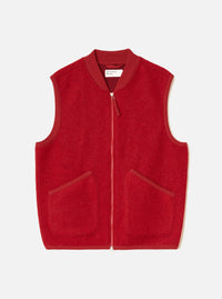 Front view of the Scarlet Wool Fleece Zip Waistcoat displayed flat against a plain white background. The bright red textured wool fleece, full front zipper, V-neckline, and two patch pockets are clearly shown.