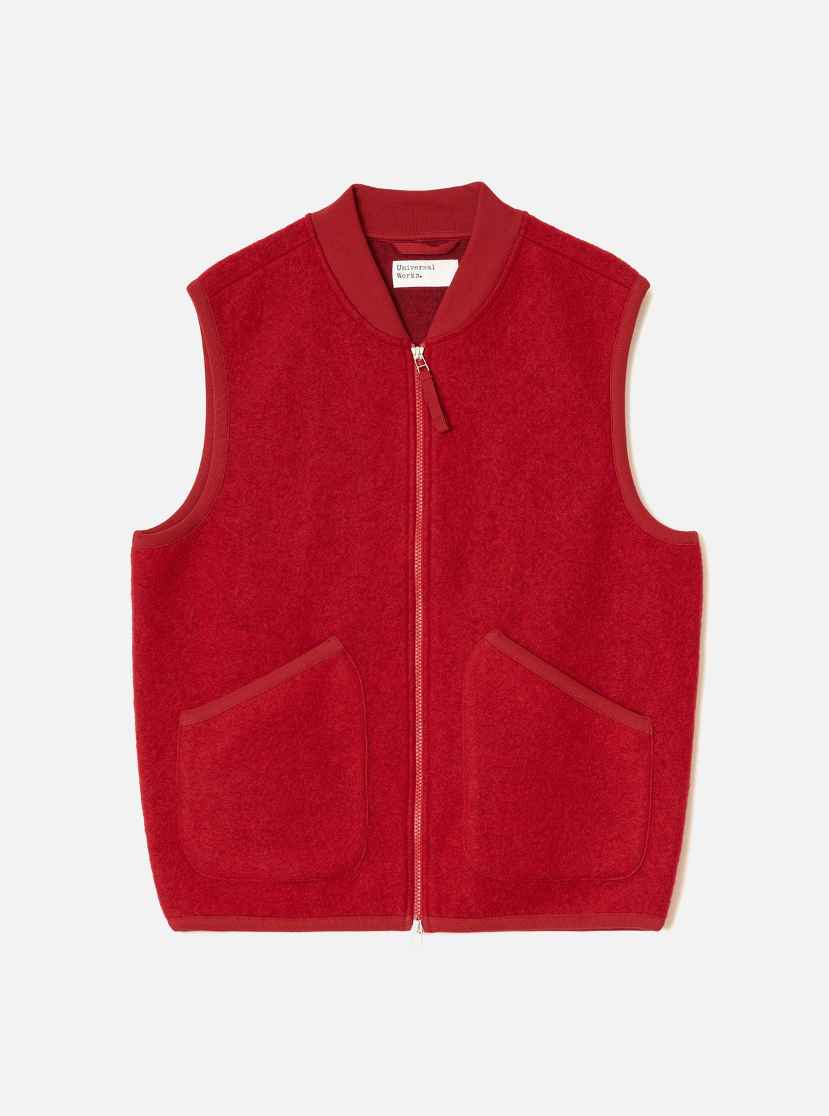 Front view of the Scarlet Wool Fleece Zip Waistcoat displayed flat against a plain white background. The bright red textured wool fleece, full front zipper, V-neckline, and two patch pockets are clearly shown.