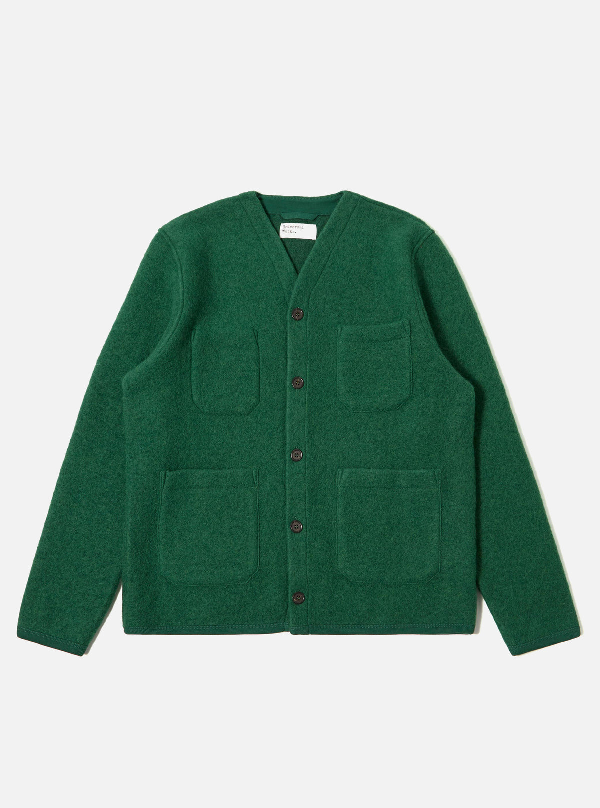 The Green Wool Fleece Cardigan, a button-up with patch pockets, is laid flat on a white background. The cardigan is a vibrant green and appears soft and warm.