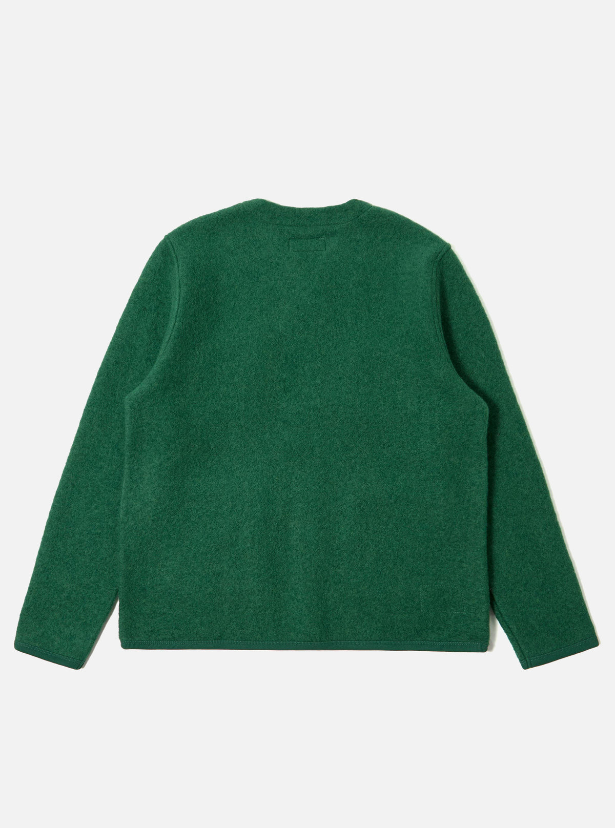 The back of a Green Wool Fleece Cardigan, laid flat on a white background. The cardigan has long sleeves and a crew neck.