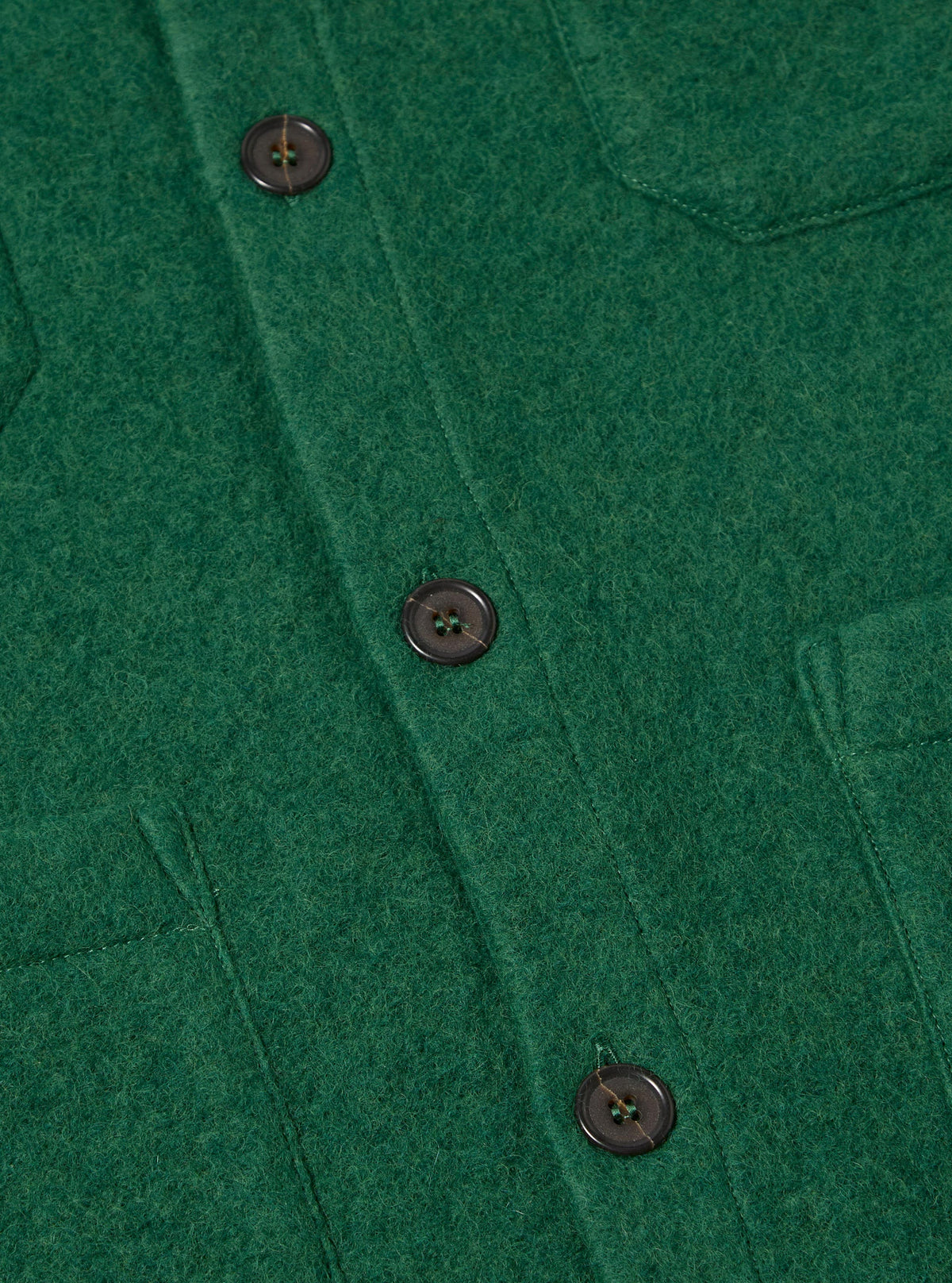 Close-up of a Green Wool Fleece Cardigan. The soft, textured wool is a rich green, with dark brown buttons. The image is tightly cropped, highlighting the fabric and button details.