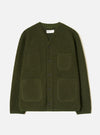 Olive wool fleece cardigan laid flat on a white studio backdrop. V-neck with a ribbed inner collar, five dark buttons down the centre front, two chest patch pockets and two large lower patch pockets. Full-length sleeves with plain cuffs. A Universal Works label is visible at the neck.