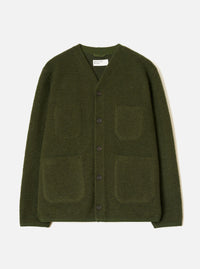 Olive wool fleece cardigan laid flat on a white studio backdrop. V-neck with a ribbed inner collar, five dark buttons down the centre front, two chest patch pockets and two large lower patch pockets. Full-length sleeves with plain cuffs. A Universal Works label is visible at the neck.