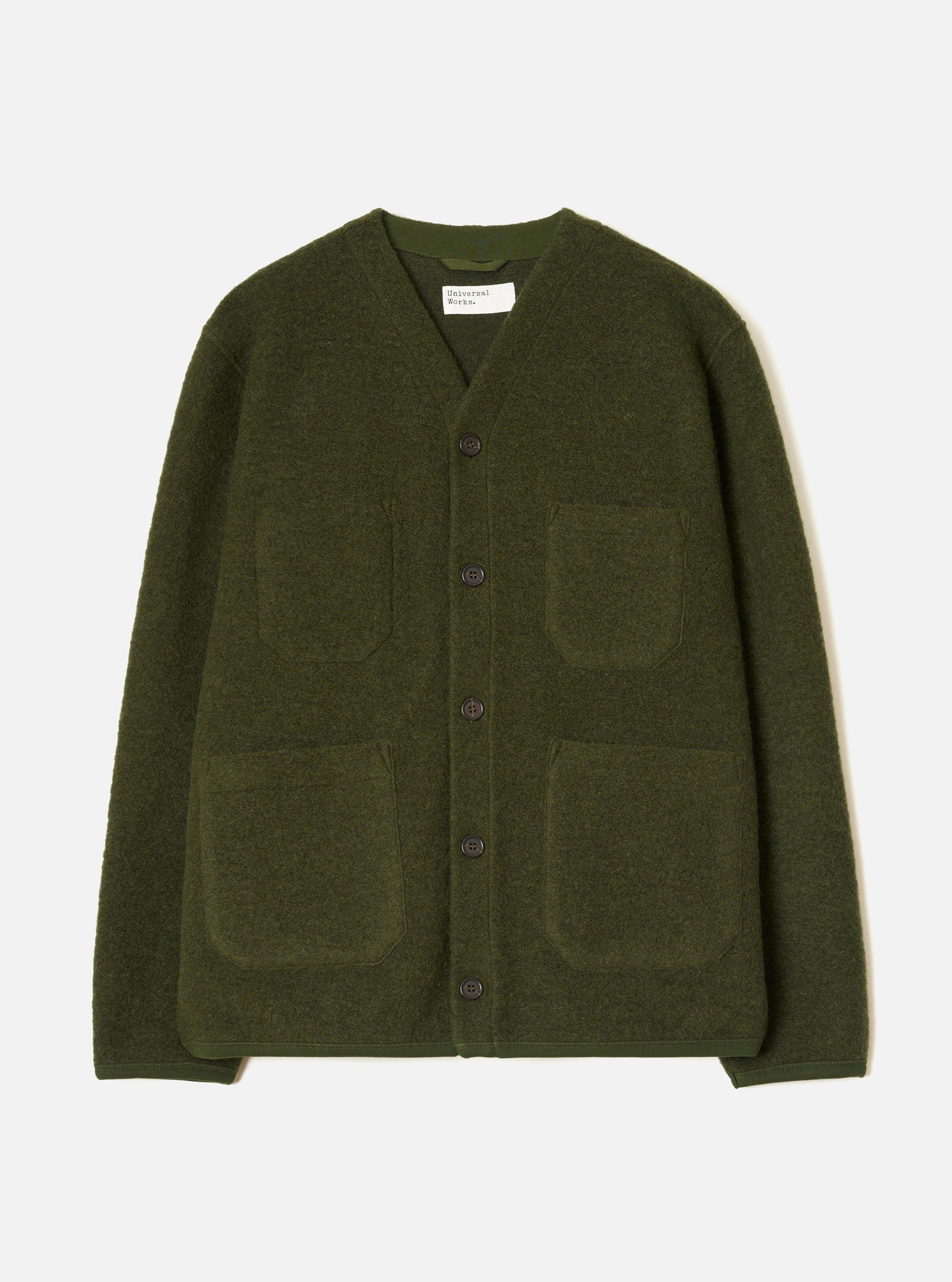 Olive wool fleece cardigan laid flat on a white studio backdrop. V-neck with a ribbed inner collar, five dark buttons down the centre front, two chest patch pockets and two large lower patch pockets. Full-length sleeves with plain cuffs. A Universal Works label is visible at the neck.