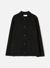 Front view of the Black Wool Fleece Field Jacket displayed flat against a plain white background. Features four front flap pockets, button closure, classic collar, and dark black wool fleece construction.