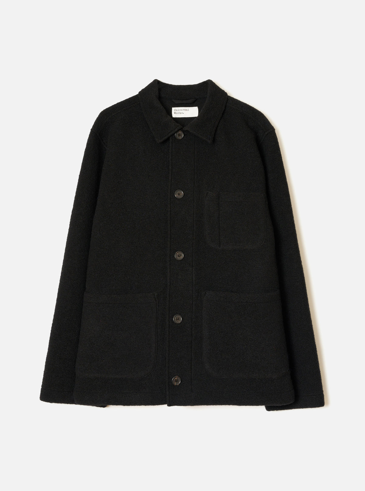 Front view of the Black Wool Fleece Field Jacket displayed flat against a plain white background. Features four front flap pockets, button closure, classic collar, and dark black wool fleece construction.
