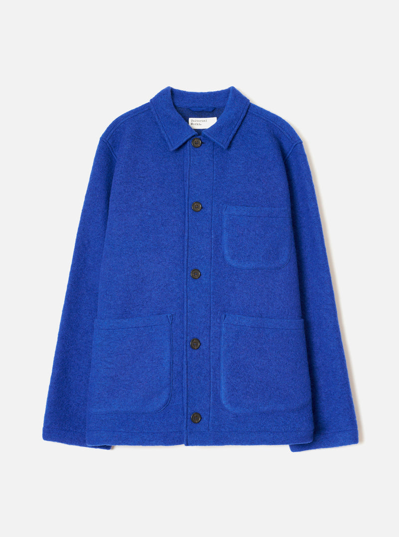 Front view of the Blue Wool Fleece Field Jacket displayed flat against a plain white background. Highlights the button closure, four front flap pockets, classic collar, and rich navy blue wool fleece texture.