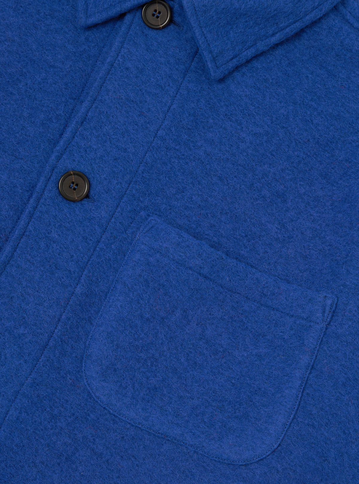 Close-up detail shot of the Blue Wool Fleece Field Jacket on a plain background, focusing on the front flap pocket stitching, button hardware, and soft blue fleece fabric texture.