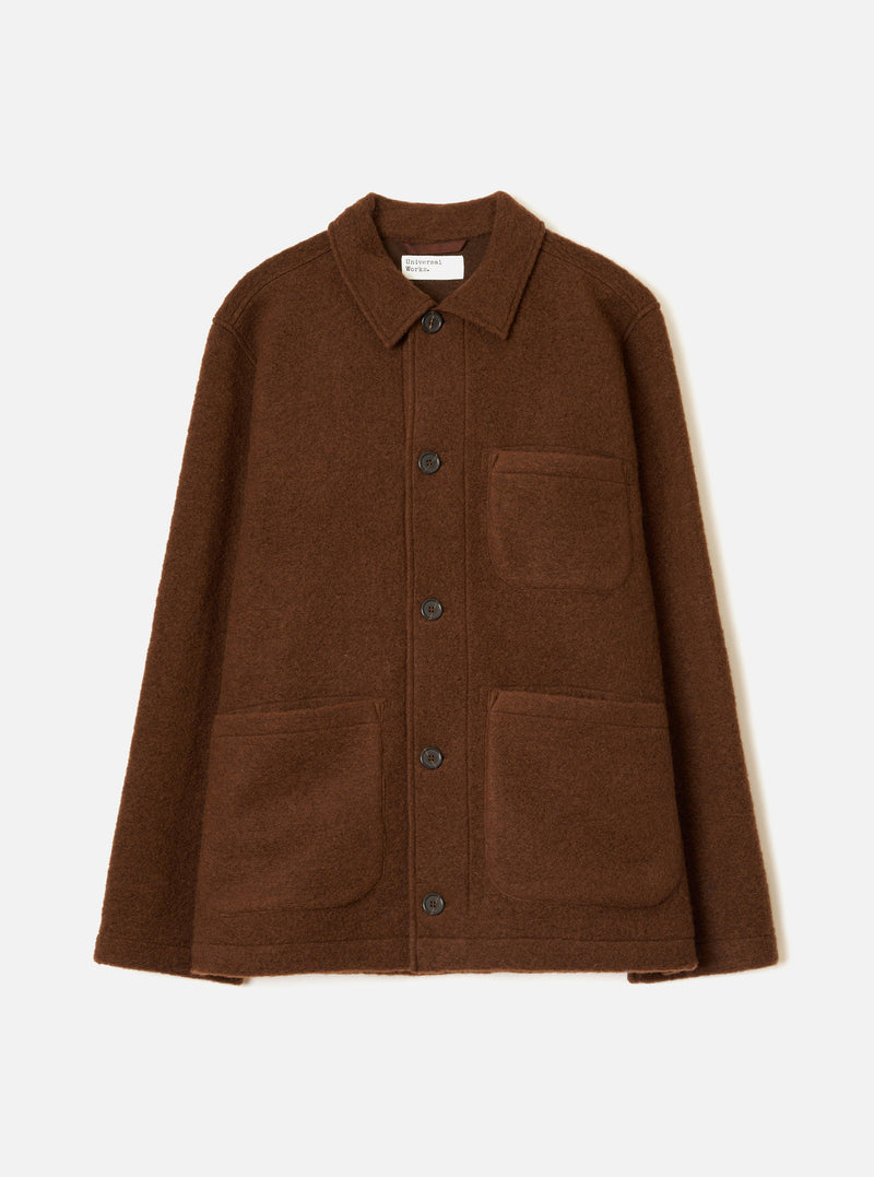 Front view of the Cacao Wool Fleece Field Jacket displayed flat against a plain white background. Features four front flap pockets, button placket, collar, and rich brown wool fleece fabric.