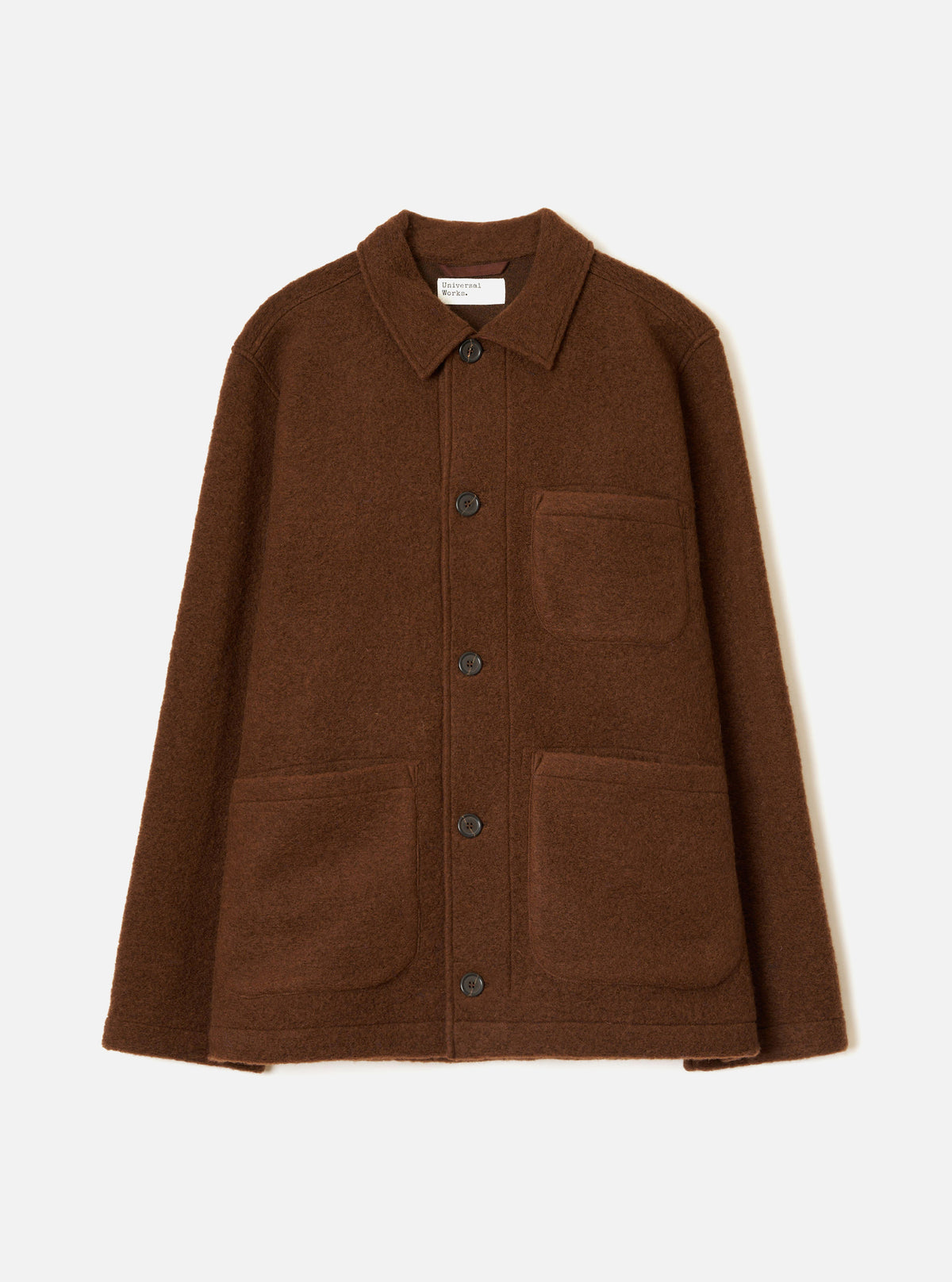 Front view of the Cacao Wool Fleece Field Jacket displayed flat against a plain white background. Features four front flap pockets, button placket, collar, and rich brown wool fleece fabric.