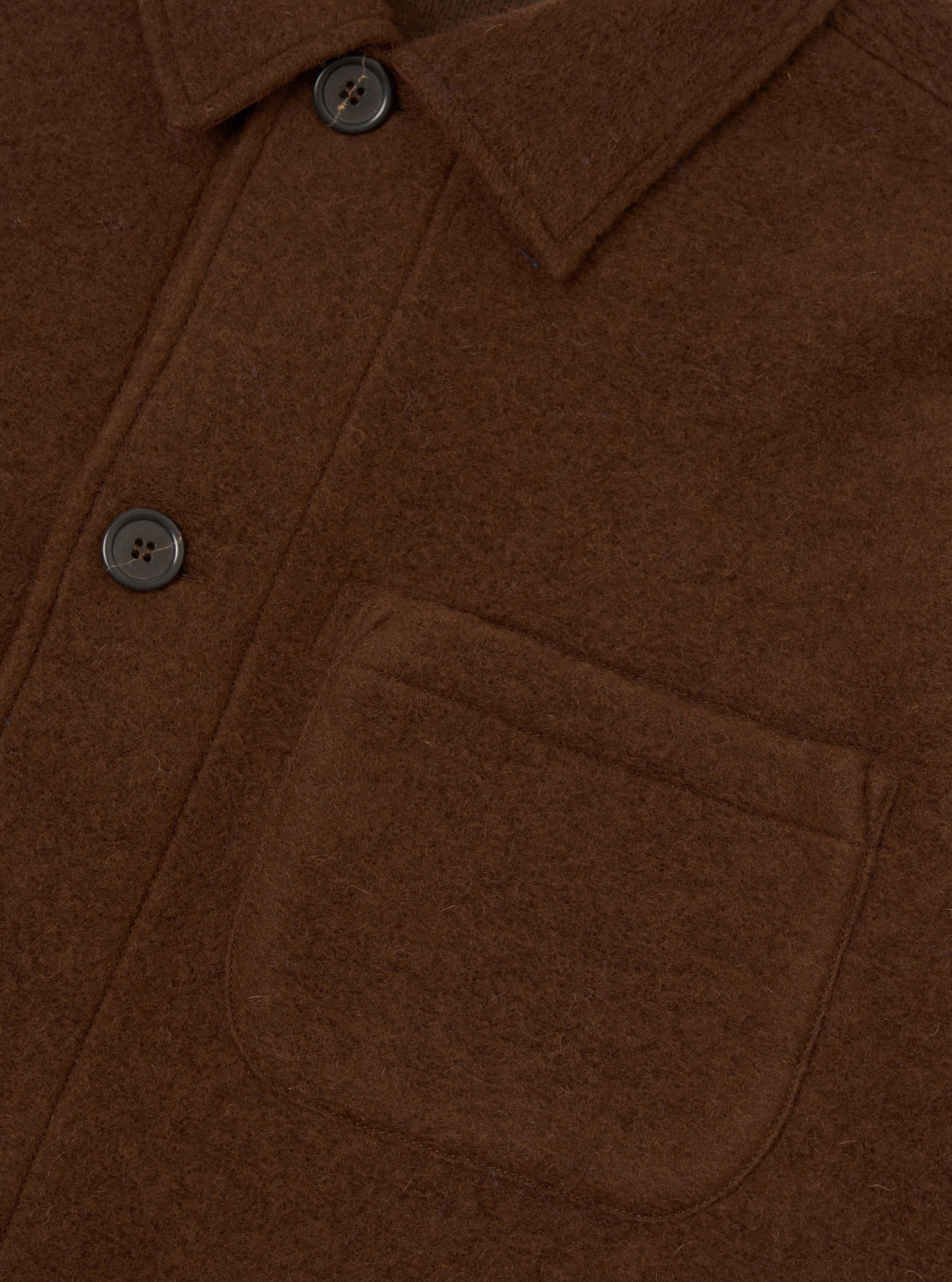 Close-up detail view of the Cacao Wool Fleece Field Jacket on a plain white background, highlighting the button closure, pocket details, and tactile cacao brown wool fleece fabric.
