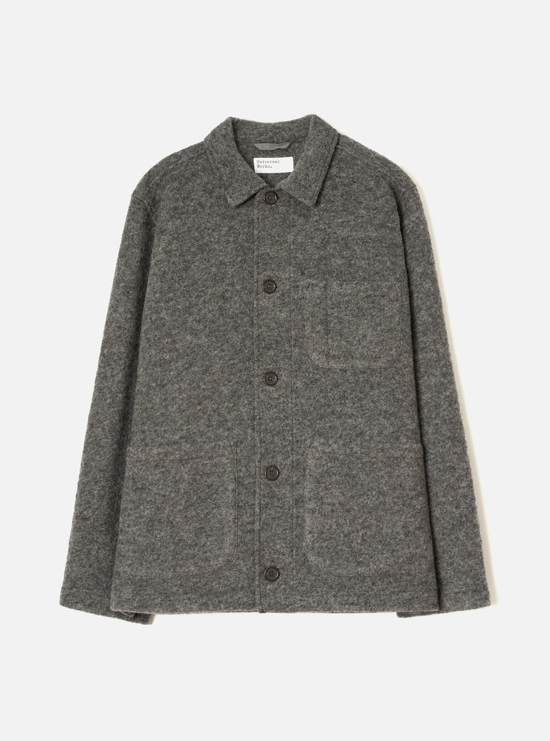 Front view of the Grey Marl Wool Fleece Field Jacket displayed against a plain white background. The jacket features button closure, front flap pockets, and a classic collar made from soft grey marl wool fleece material.