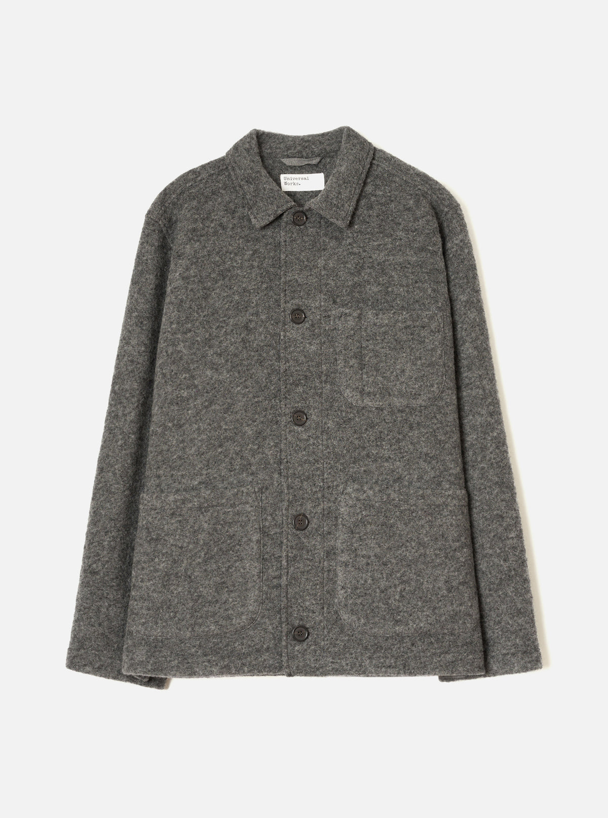 Front view of the Grey Marl Wool Fleece Field Jacket displayed against a plain white background. The jacket features button closure, front flap pockets, and a classic collar made from soft grey marl wool fleece material.
