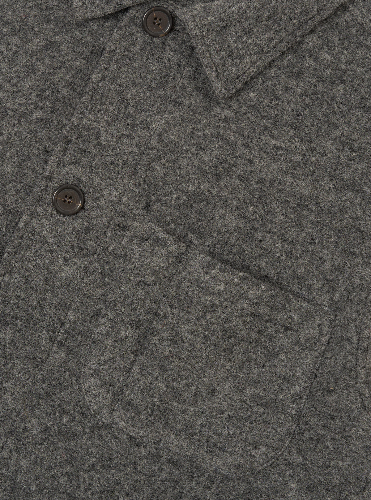 Close-up detail shot of the Grey Marl Wool Fleece Field Jacket on a plain background. The image highlights the button fasteners, collar construction, front pocket detail, and rich textured fleece surface.