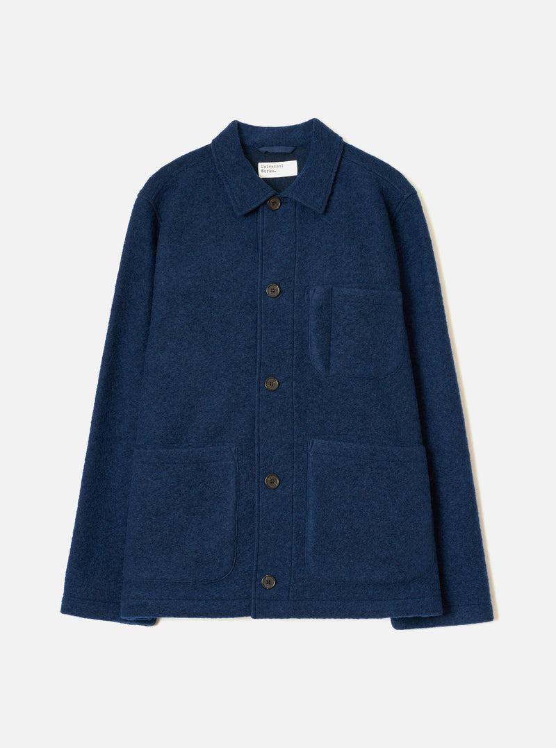 Front view of the Indigo Wool Fleece Field Jacket displayed flat against a plain white background. The rich indigo blue jacket shows front button closure, collar detail, and large chest and hip pockets.