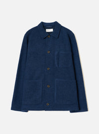 Front view of the Indigo Wool Fleece Field Jacket displayed flat against a plain white background. The rich indigo blue jacket shows front button closure, collar detail, and large chest and hip pockets.