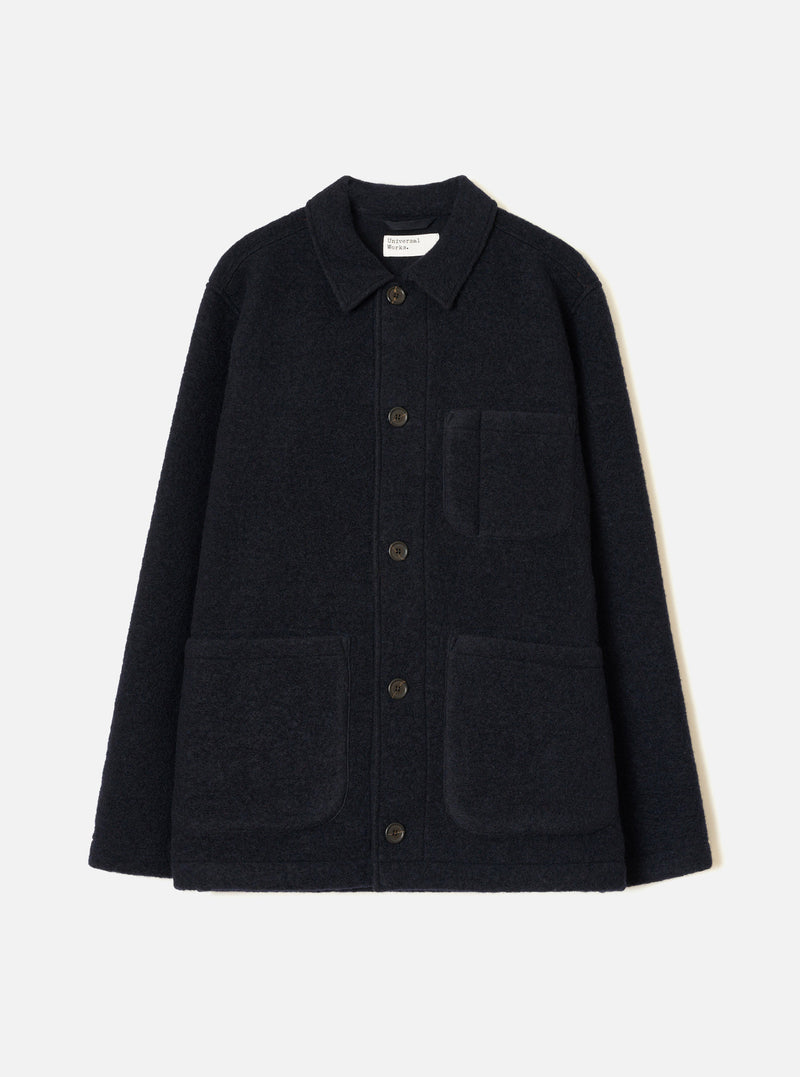 Front view of the Navy Wool Fleece Field Jacket displayed against a plain white background. The dark navy jacket features front button fastenings, structured collar, and functional flap pockets.