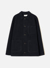 Front view of the Navy Wool Fleece Field Jacket displayed against a plain white background. The dark navy jacket features front button fastenings, structured collar, and functional flap pockets.