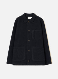 Front view of the Navy Wool Fleece Field Jacket displayed against a plain white background. The dark navy jacket features front button fastenings, structured collar, and functional flap pockets.