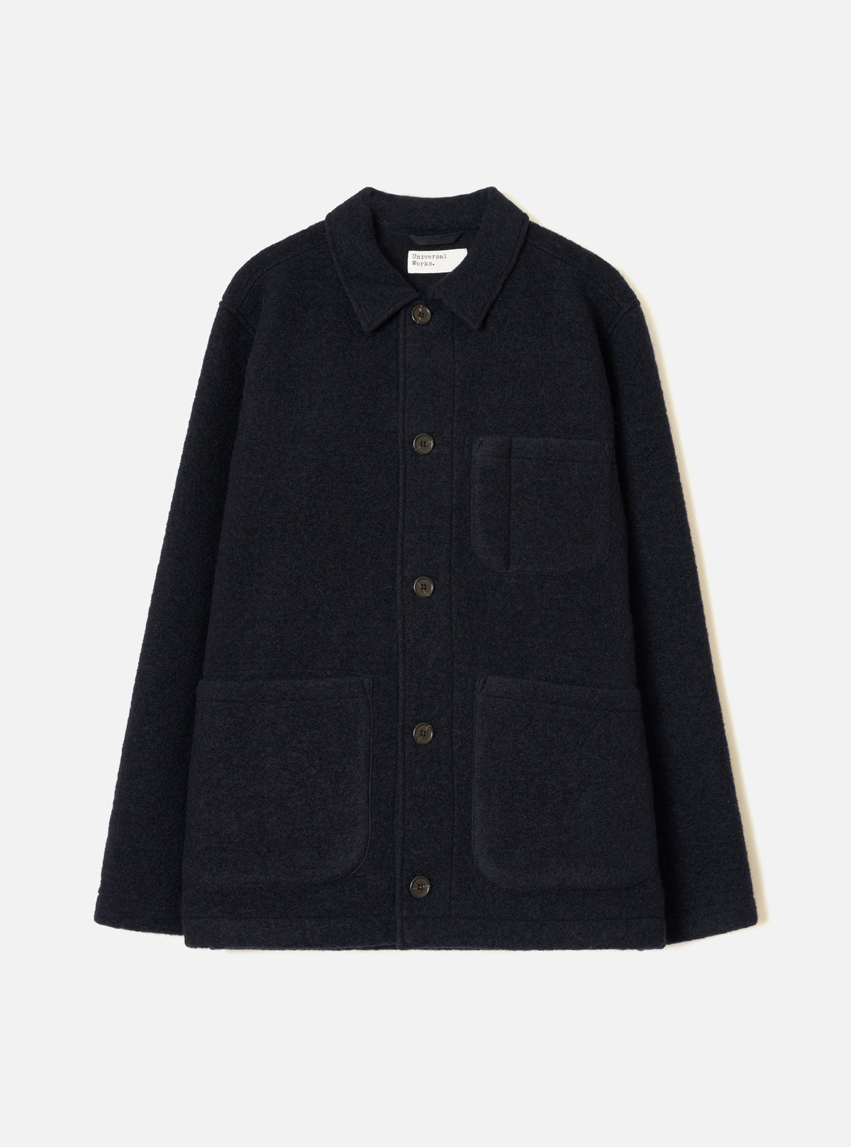 Front view of the Navy Wool Fleece Field Jacket displayed against a plain white background. The dark navy jacket features front button fastenings, structured collar, and functional flap pockets.