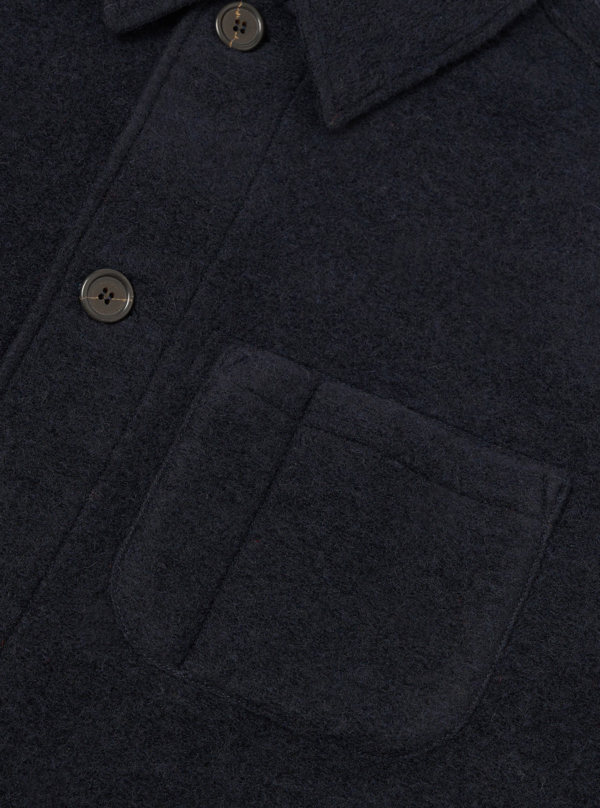 Close-up detail shot of the Navy Wool Fleece Field Jacket against a plain background. Focuses on the dark navy wool fleece fabric texture, front button closures, collar edges, and pocket seams.