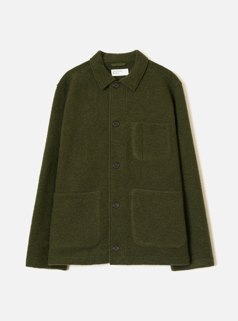 Front view of the Olive Wool Fleece Field Jacket presented against a plain white background. The olive green jacket features button closure, structured collar, and multiple practical front pockets.
