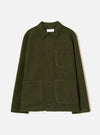 Front view of the Olive Wool Fleece Field Jacket presented against a plain white background. The olive green jacket features button closure, structured collar, and multiple practical front pockets.