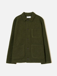 Front view of the Olive Wool Fleece Field Jacket presented against a plain white background. The olive green jacket features button closure, structured collar, and multiple practical front pockets.