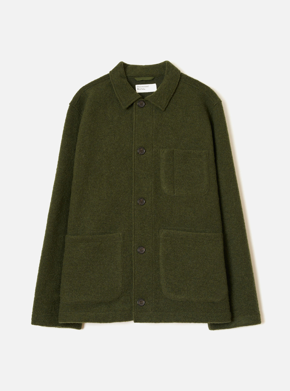 Front view of the Olive Wool Fleece Field Jacket presented against a plain white background. The olive green jacket features button closure, structured collar, and multiple practical front pockets.