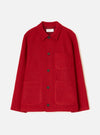 Front view of the Scarlet Wool Fleece Field Jacket displayed flat against a plain white background. The vibrant red textured wool fleece fabric, front button fastening, collar, and chest pockets are clearly visible.