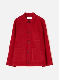 Front view of the Scarlet Wool Fleece Field Jacket displayed flat against a plain white background. The vibrant red textured wool fleece fabric, front button fastening, collar, and chest pockets are clearly visible.