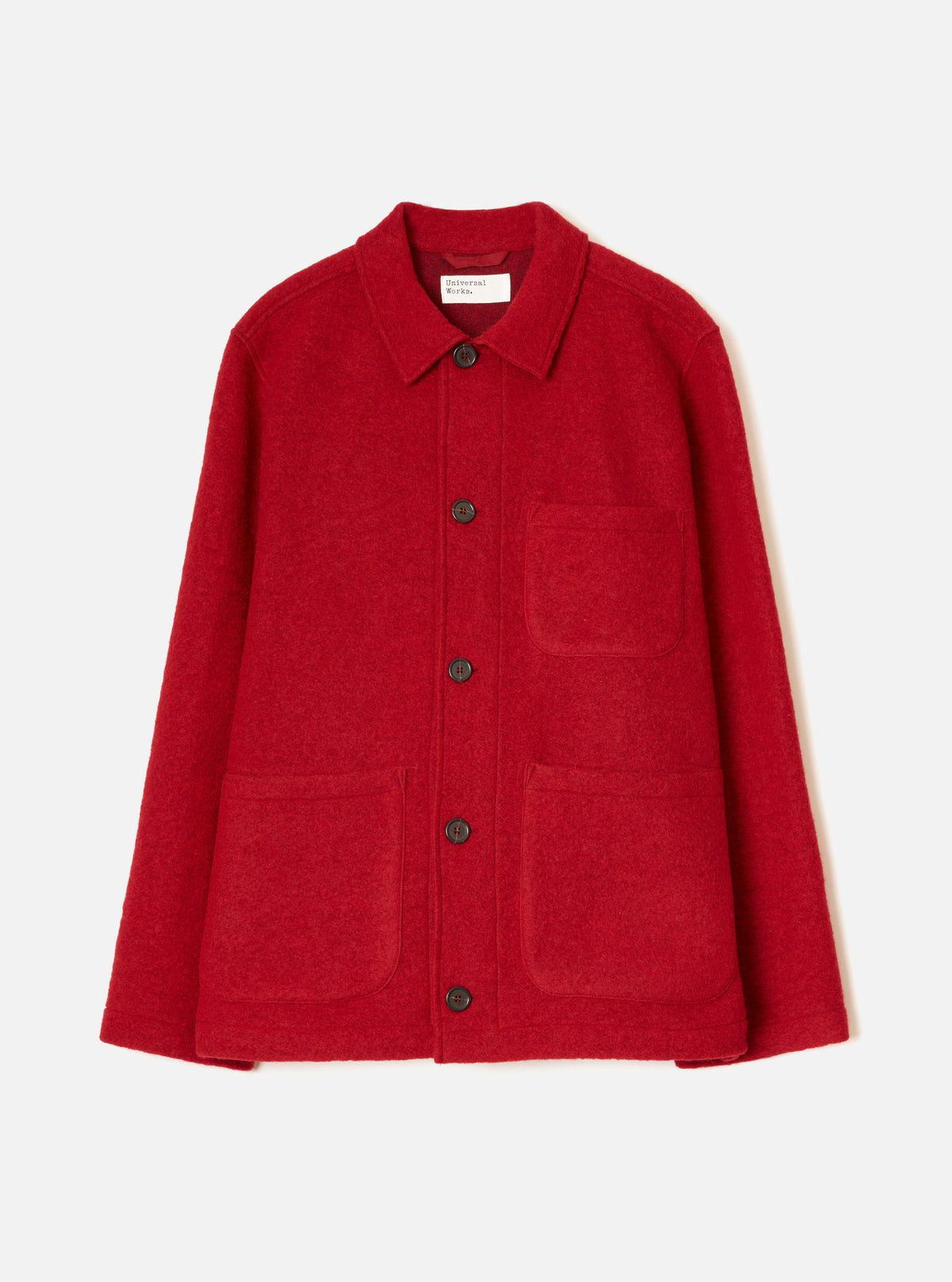 Front view of the Scarlet Wool Fleece Field Jacket displayed flat against a plain white background. The vibrant red textured wool fleece fabric, front button fastening, collar, and chest pockets are clearly visible.