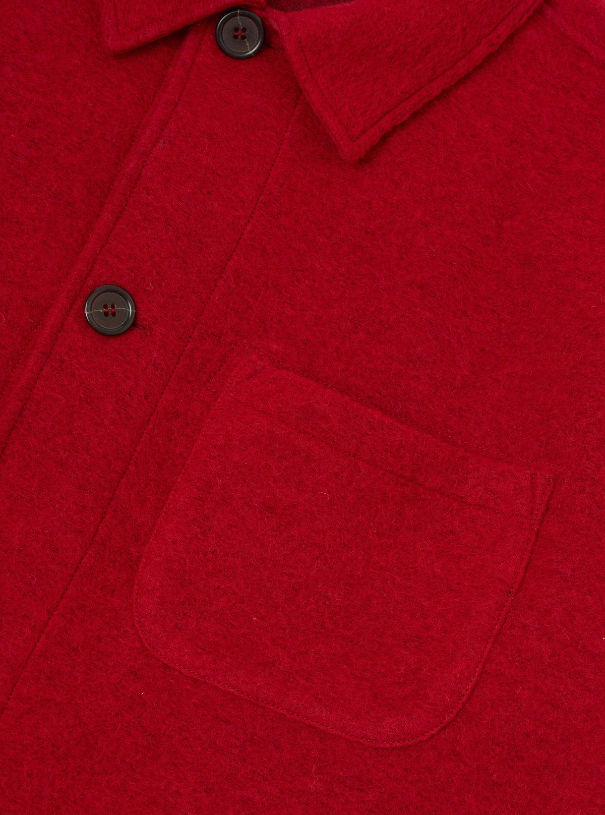 Side view of the Scarlet Wool Fleece Field Jacket displayed against a plain white background. Shows the side profile, sleeve construction, collar line, and rich scarlet red wool fleece fabric of the garment.